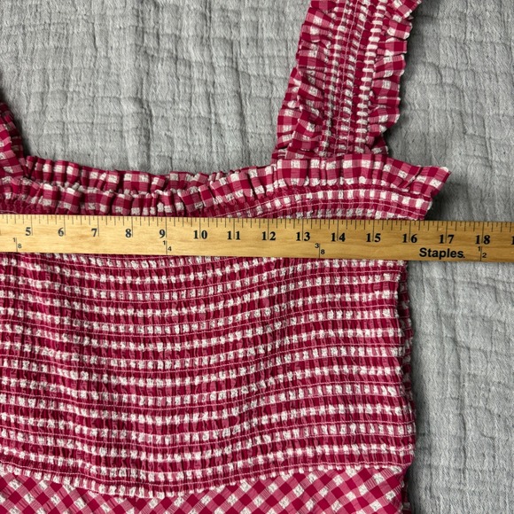 Ganni Women's Stretch Seersucker Maxi Smock Dress Red Gingham Checkered Size XL - Picture 7 of 10